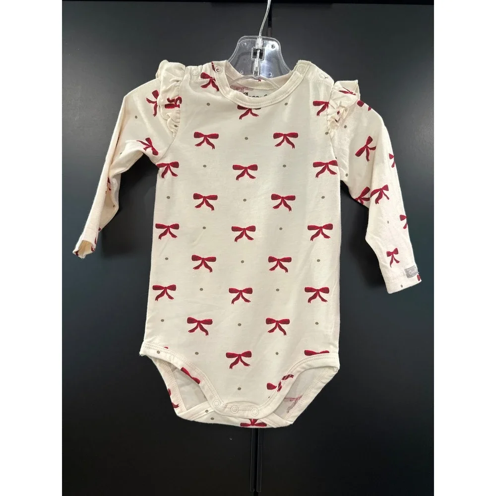 Coccoli Baby Girl Red Bow Ruffle Long Sleeve Bodysuit Cream 9M NWT